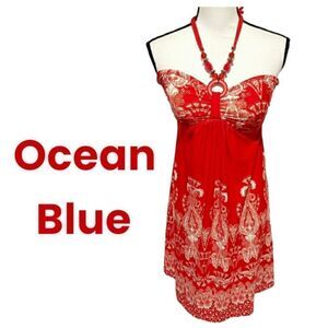 𝅺ocean blue halter dress red and white womens size medium